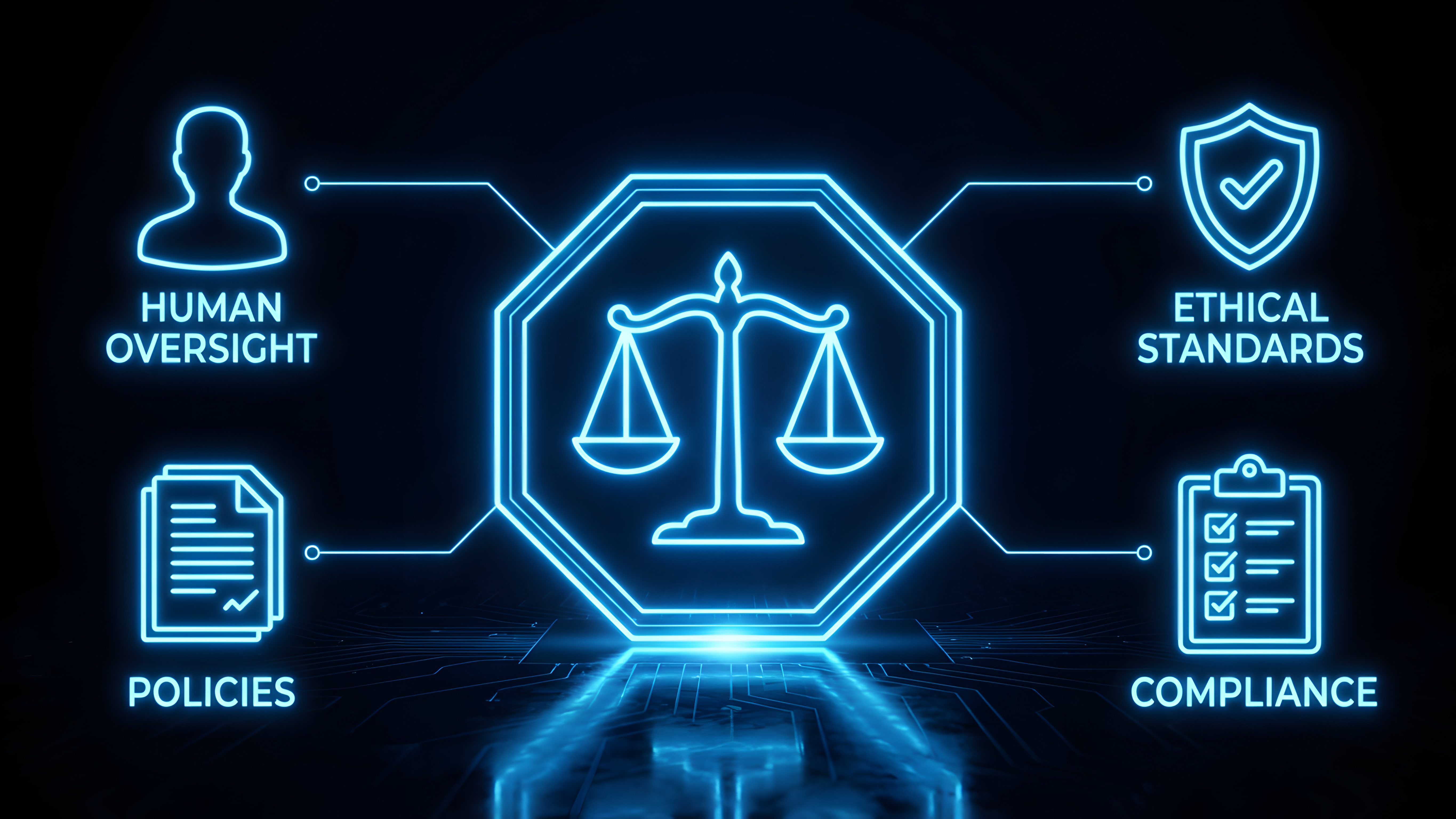 Neon graphic depicting the principles of human oversight, ethical standards, policies, and compliance surrounding a central scale symbolizing justice.