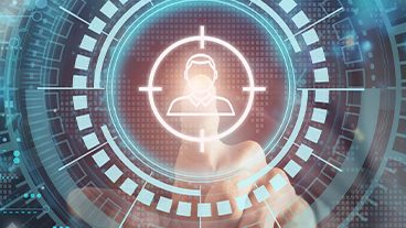A digital interface featuring a target icon over an abstract representation of a person, symbolizing user identification or targeting in technology.
