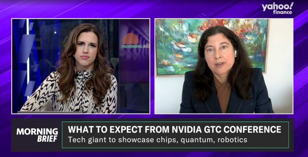 Two women participating in a split-screen video conference discussing the upcoming NVIDIA GTC conference, with a banner highlighting potential topics like chips, quantum technology, and robotics.