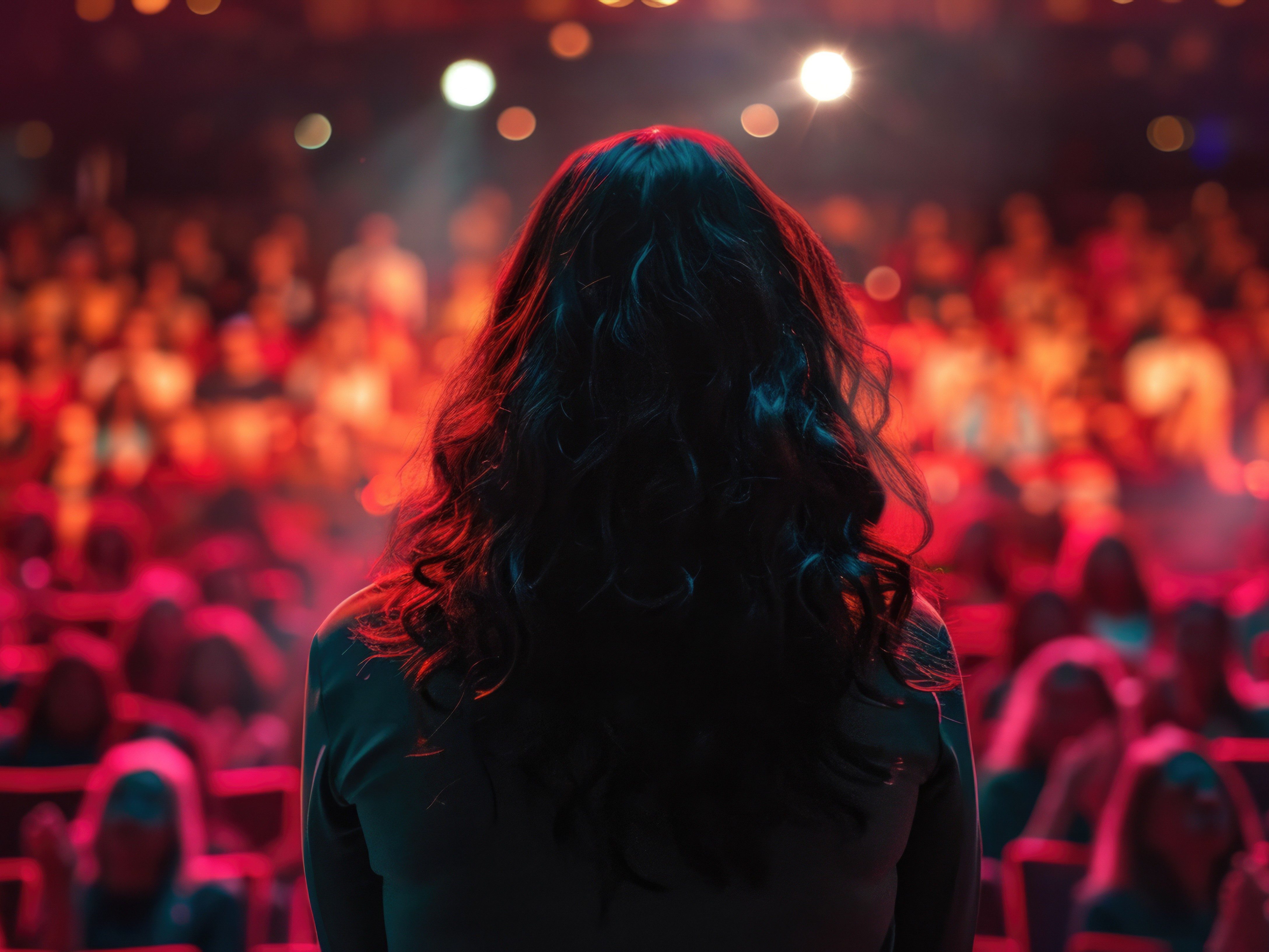 A performer stands on stage, facing a vibrant audience in a theater filled with colorful lighting.