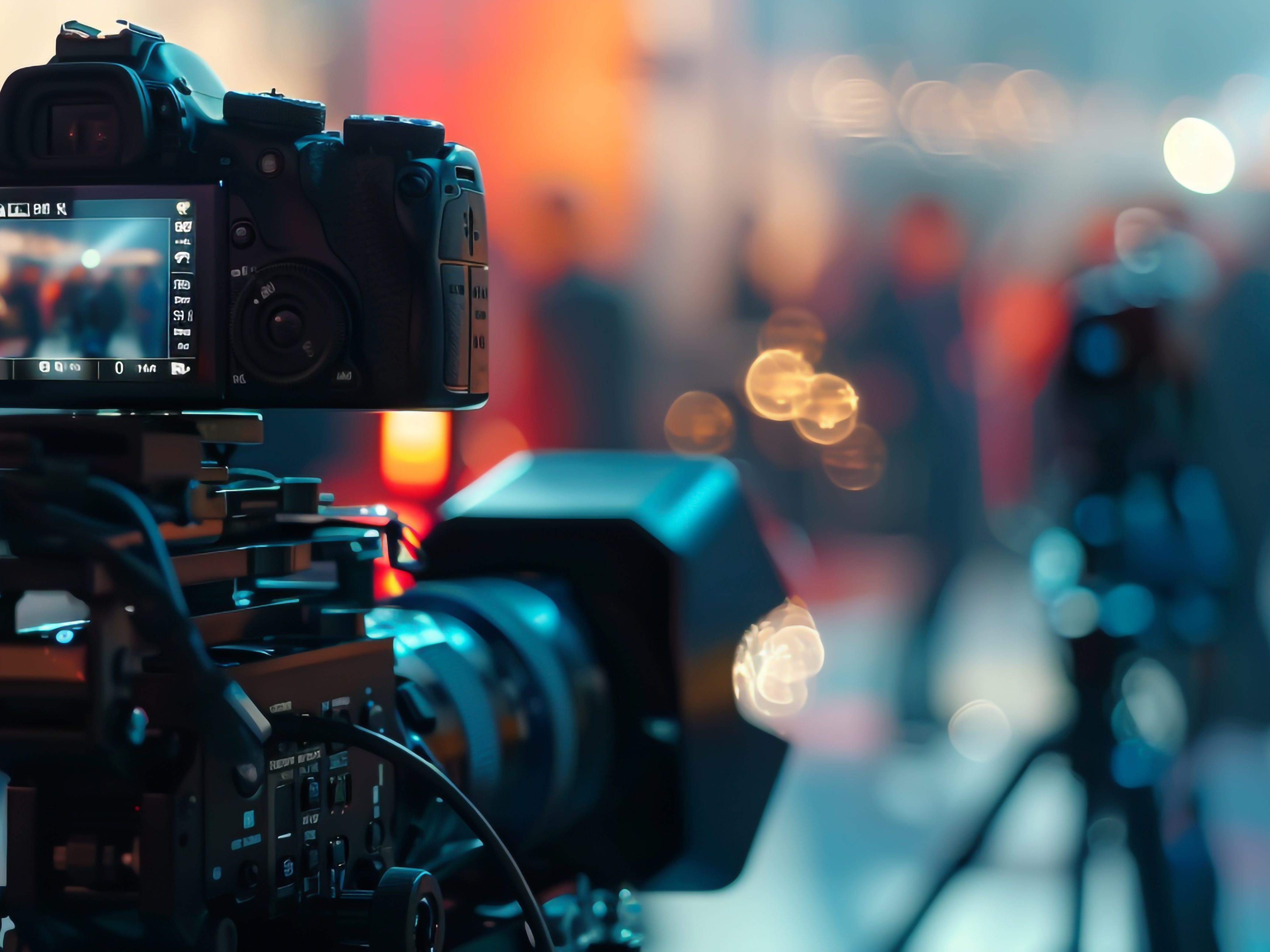 A close-up of a professional camera on a tripod, with a blurred background featuring out-of-focus lights and people.